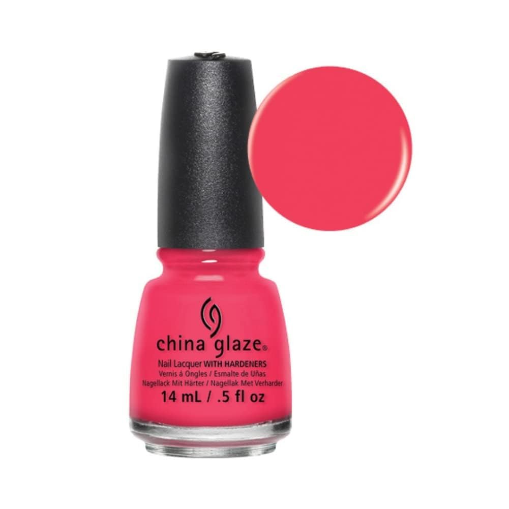 Hot coral pink polish bottle beside a round colour swatch