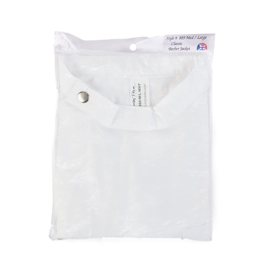 Folded white barber jacket with a snap band collar in a clear retail bag