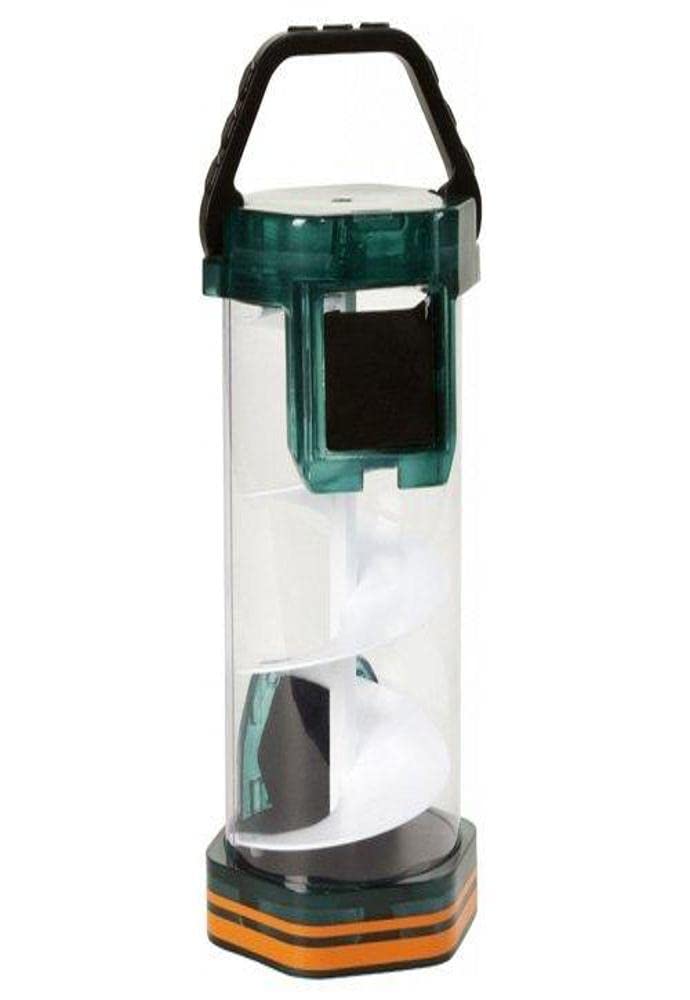 Clear tube carrier case with teal top, black handle and spiral ramp inside