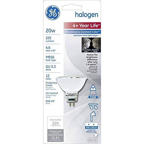 GE 20W MR16 halogen flood bulb with GU5.3 pins in retail blister pack