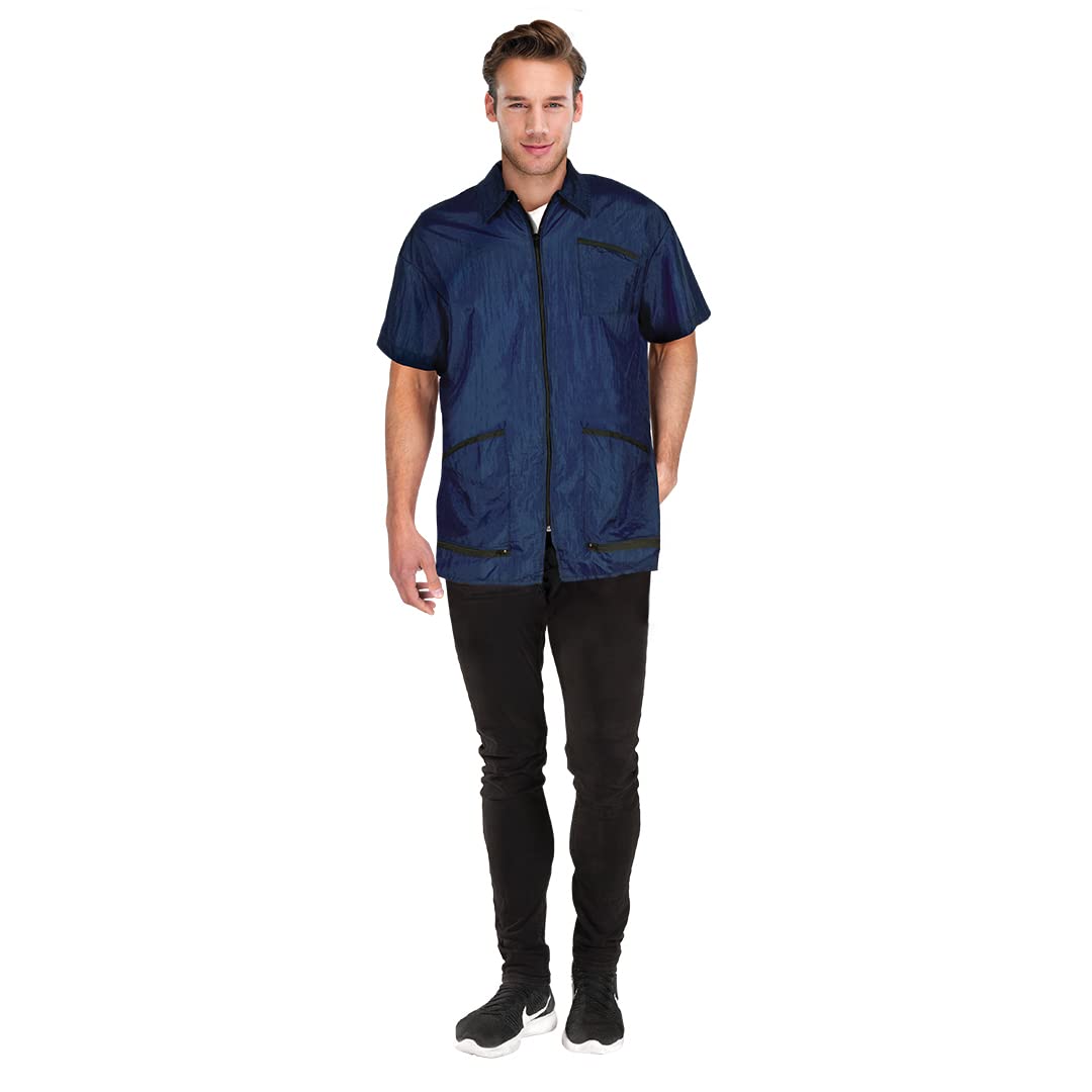 Betty Dain Premier Barber Jacket, Soft, Lightweight, Water Resistant Nylon Repels Hair, Zippered Front, Two Angled Lower Pockets with Zippered Bottoms, Angled Chest Pocket, Navy, S