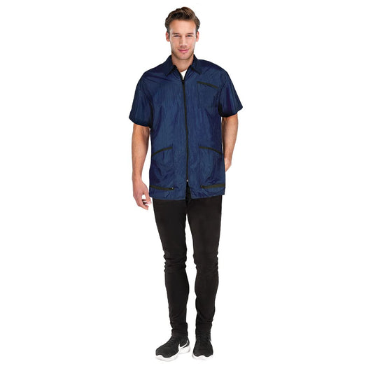Betty Dain Premier Barber Jacket, Soft, Lightweight, Water Resistant Nylon Repels Hair, Zippered Front, Two Angled Lower Pockets with Zippered Bottoms, Angled Chest Pocket, Navy, S