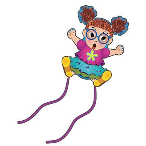 Cartoon girl kite with glasses, curly pigtails, pink top and purple string tails