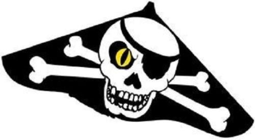 Black delta kite printed with a white skull wearing an eye patch over crossbones
