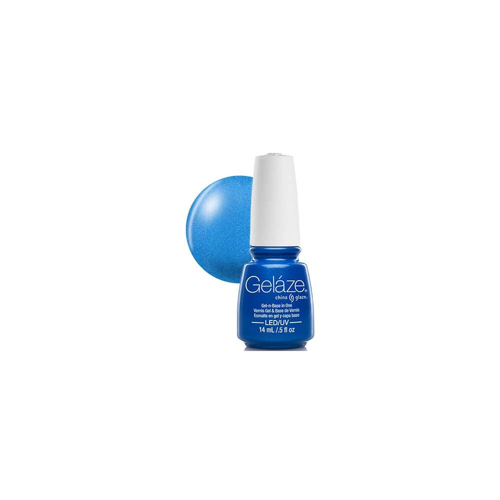 Bottle of shimmery bright blue gel polish with a white cap beside a blue swatch circle