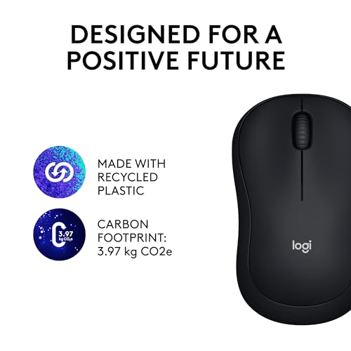 Black wireless mouse beside recycled plastic and 3.97 kg carbon footprint icons