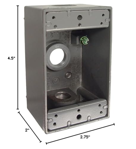 Grey weatherproof outlet box with dimensions 4.5 by 2.75 by 2 inches