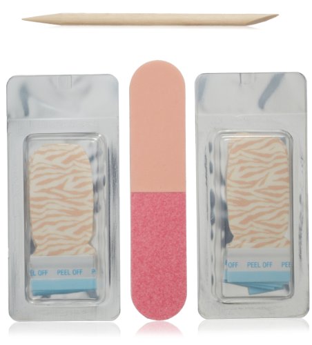 Two packs of beige and white zebra stripe gel nail strips with a cuticle stick and buffer