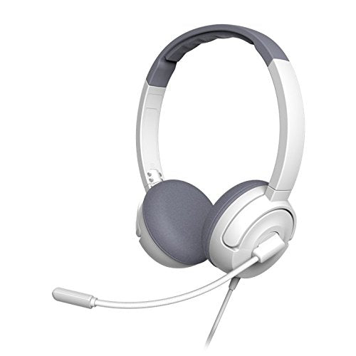 Angled view of the white and grey headset with grey cushions and boom mic