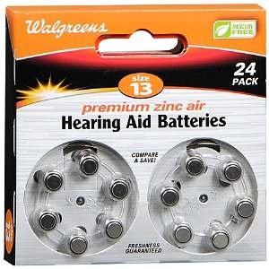 Pack of 24 size 13 zinc air hearing aid batteries in two dial dispensers