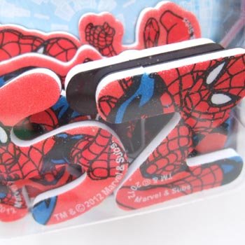 Close-up of red foam magnetic letters printed with Spider-Man artwork