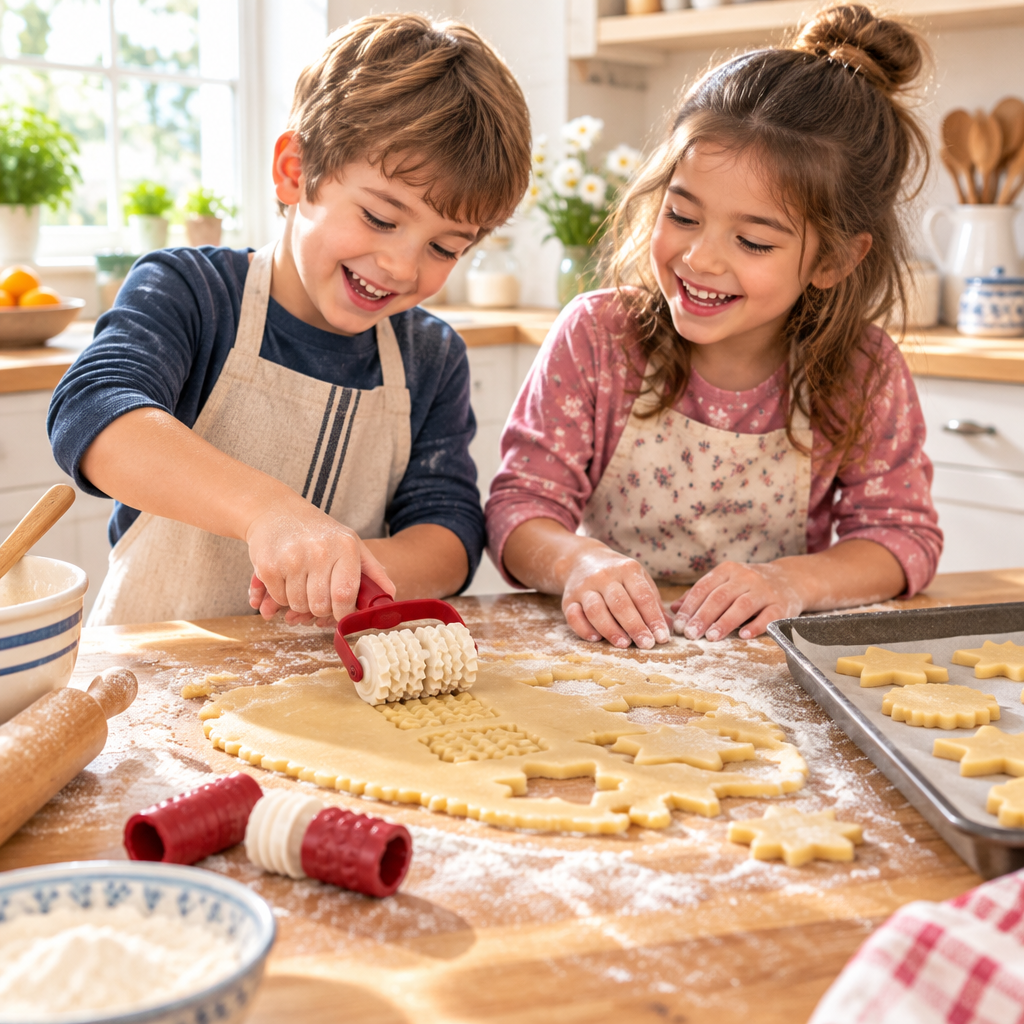 Two smiling kids rolling a red cutter over cookie dough in a sunny kitchen