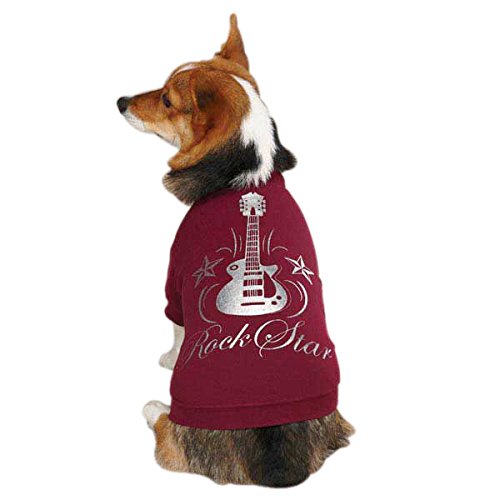 Corgi mix in a raspberry tee with a silver guitar, stars and Rock Star script