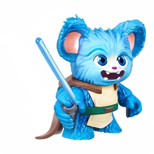 Small angled view of the blue furry figure holding its lightsaber