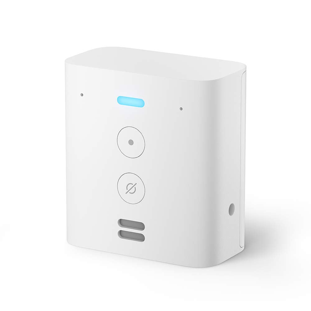 White Echo Flex plug-in smart speaker with blue light bar and action and mic buttons
