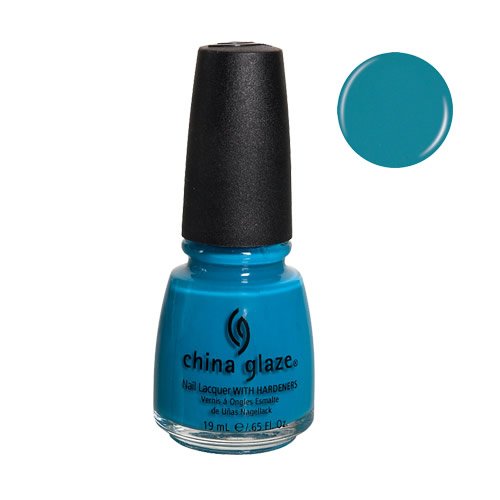 Bright blue polish bottle shown beside a teal colour swatch