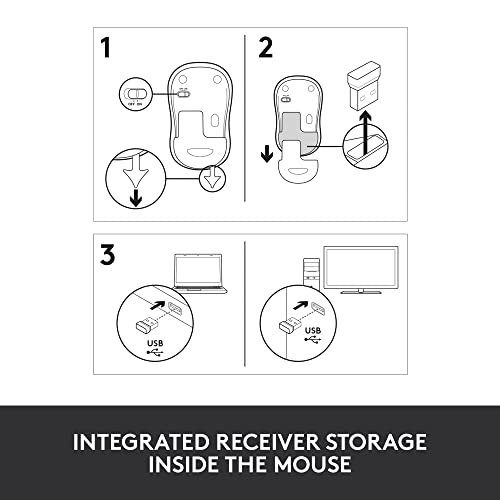 Setup diagram showing the USB receiver stored inside the mouse and plugged into a computer