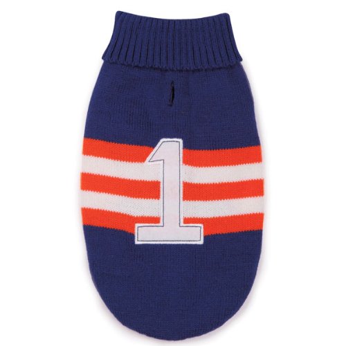 Blue knit dog sweater laid flat with orange and white stripes and a white number 1 patch