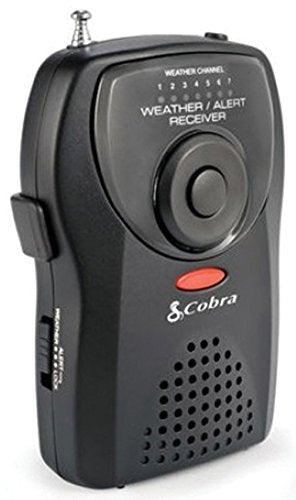 Black handheld weather alert receiver with a 7-channel light row, round dial and red button