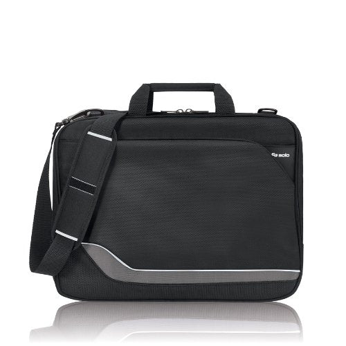 Black nylon laptop case with a grey accent stripe, carry handles and shoulder strap