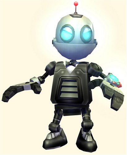 Character render of Clank the robot in a black tuxedo vest and bow tie