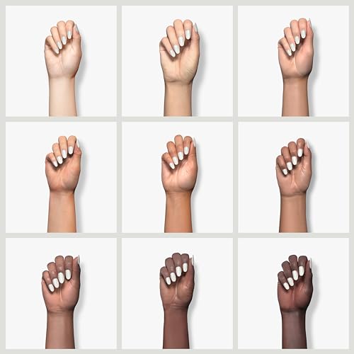 Grid of nine hands in different skin tones wearing white nail polish