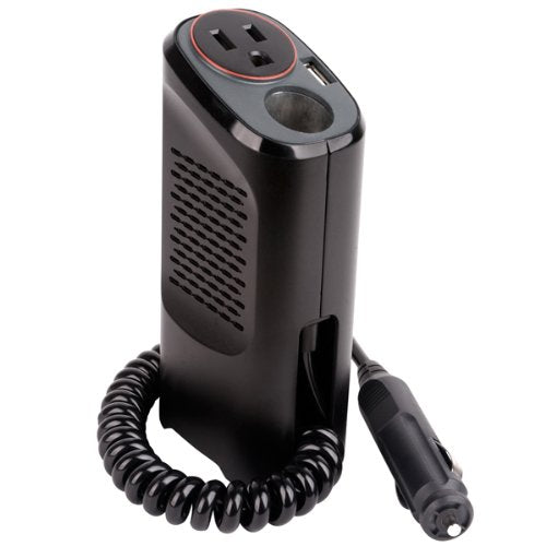 Car inverter standing upright with its coiled lighter plug cable wrapped at the base