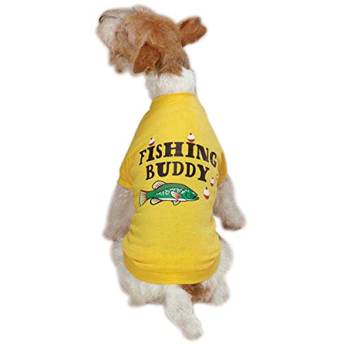 Terrier wearing a yellow tee printed Fishing Buddy with a green bass and bobbers