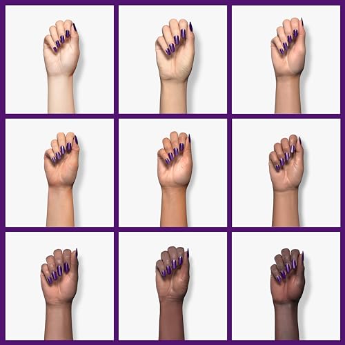 Grid of nine hands in different skin tones wearing violet purple polish