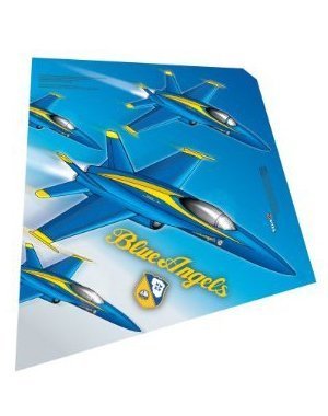 Diamond kite printed with blue and yellow jets flying in formation over a blue sky