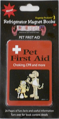 Red magnet booklet on a card with cartoon cat and dog, choking and CPR tips