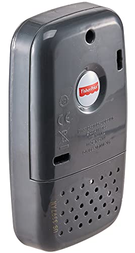 Dark grey back of the toy phone with a speaker grille and battery cover