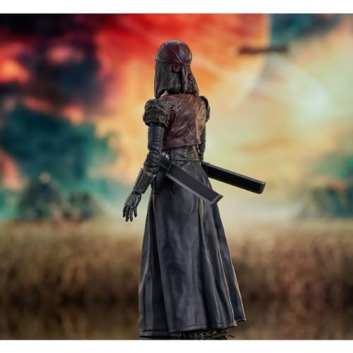 Back view of the warrior figure with two swords against a fiery sky backdrop