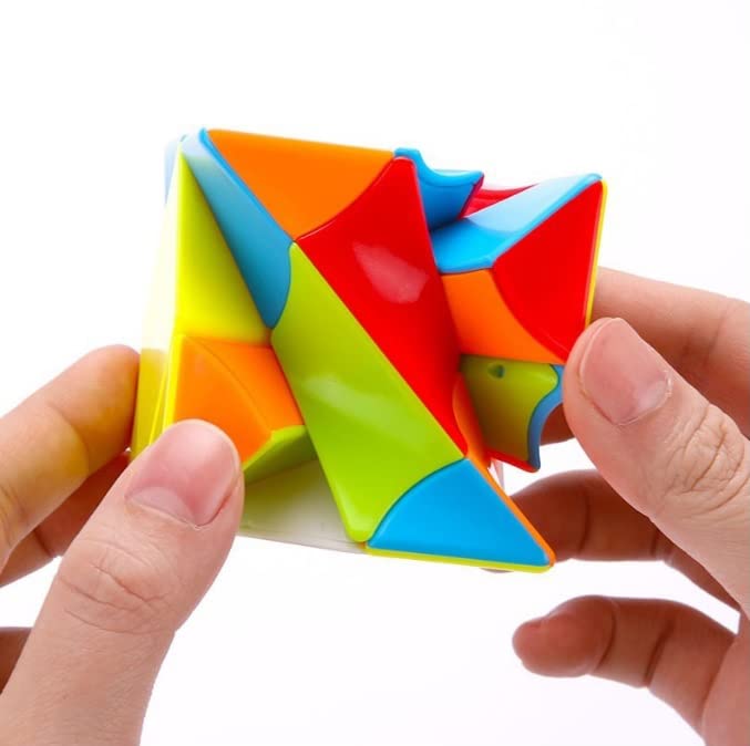 Hands turning a scrambled twisted puzzle cube