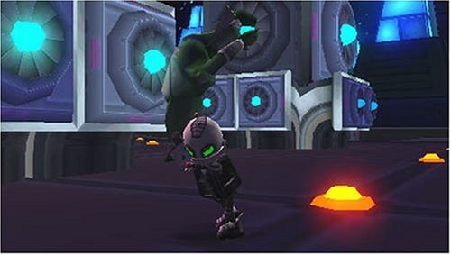 In-game scene of Clank creeping past a large green guard in a neon-lit room
