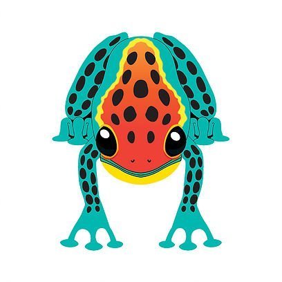 Teal and orange frog-shaped kite with black spots and big cartoon eyes