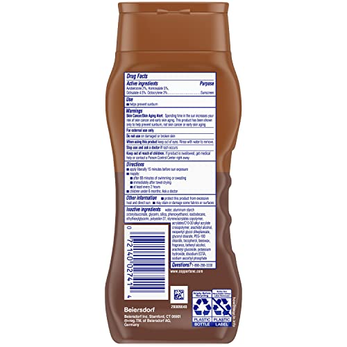 Back of the brown tanning lotion bottle with drug facts and ingredients label