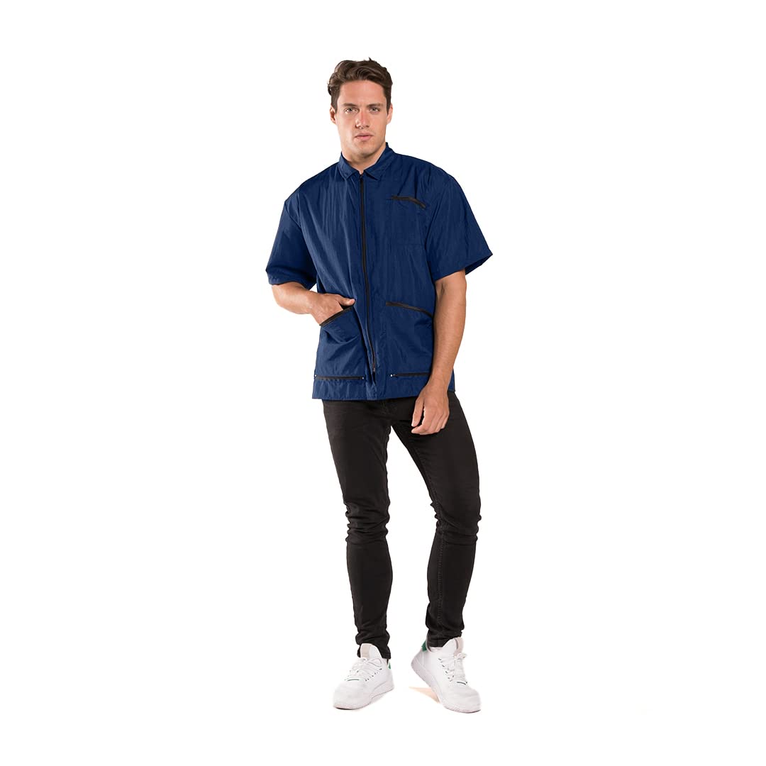 Betty Dain Premier Barber Jacket, Soft, Lightweight, Water Resistant Nylon Repels Hair, Zippered Front, Two Angled Lower Pockets with Zippered Bottoms, Angled Chest Pocket, Navy, S