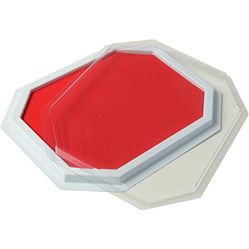 Red stamp pad with its clear protective lid lifted