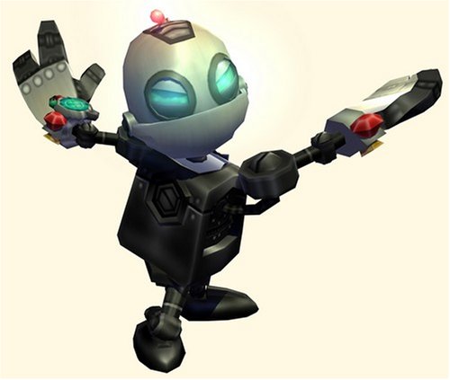 Character render of Clank leaping with arms spread and spy gadgets on his wrists