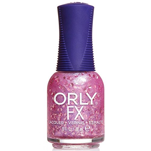 Bottle of pink glitter flake polish with a purple ribbed cap