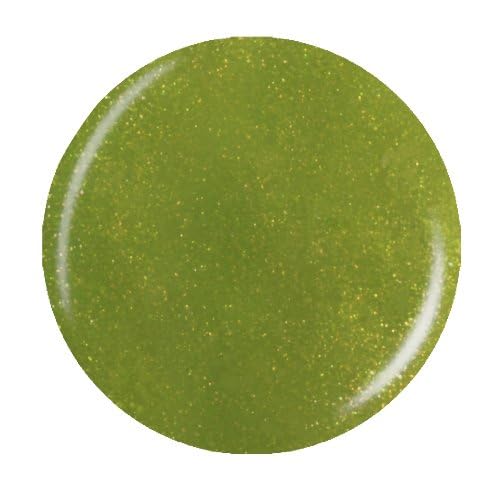 Round swatch of olive green nail polish with gold shimmer