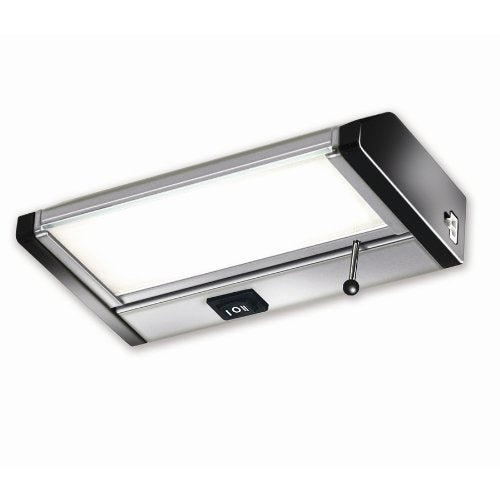 Silver and black under-cabinet light bar with a frosted lens, on/off rocker switch and pull chain
