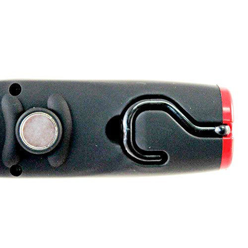 Close-up of the work light's round magnet and black fold-out hanging hook