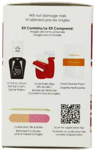 Side of the box listing kit contents: top coat, 16 gel strips, cleanser pads, stick and file