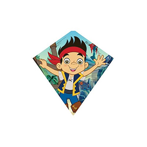 Diamond kite with cartoon pirate boy Jake in a red bandana, arms raised on an island