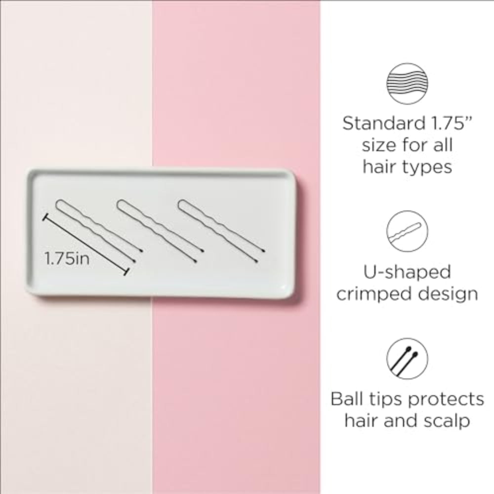 Three hair pins on a tray with icons: 1.75 inch size, crimped U-shape, ball tips