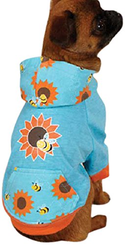 Small dog in a sky blue hoodie printed with orange sunflowers and bumble bees