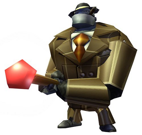 Character render of a gangster robot in a brown suit and fedora holding a red gem