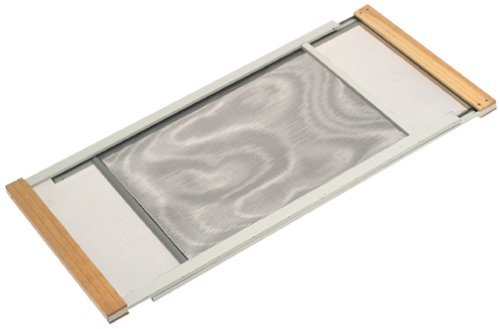 Adjustable window screen at an angle showing the sliding mesh panels